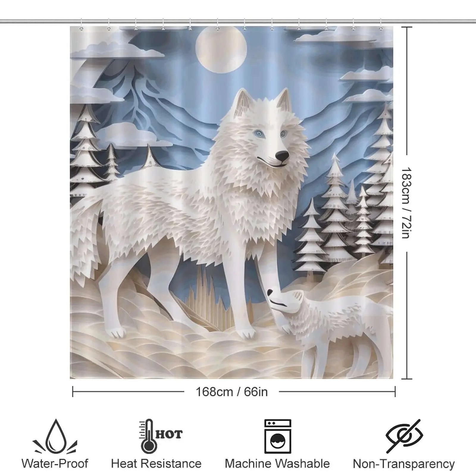 This waterproof polyester 3D Wolf Shower Curtain-Cottoncat features a stunning white wolf amidst a snowy landscape.