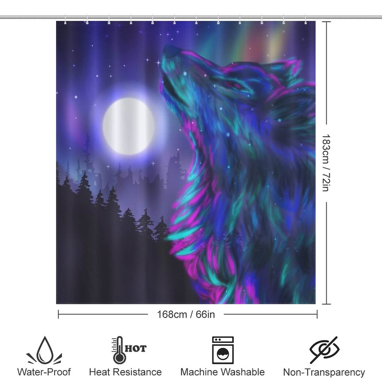 This waterproof Galaxy Wolf Shower Curtain by Cotton Cat adds a touch of wilderness to your bathroom decor.