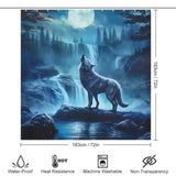 This bathroom decor features a Howling Wolf Shower Curtain-Cottoncat by Cotton Cat.