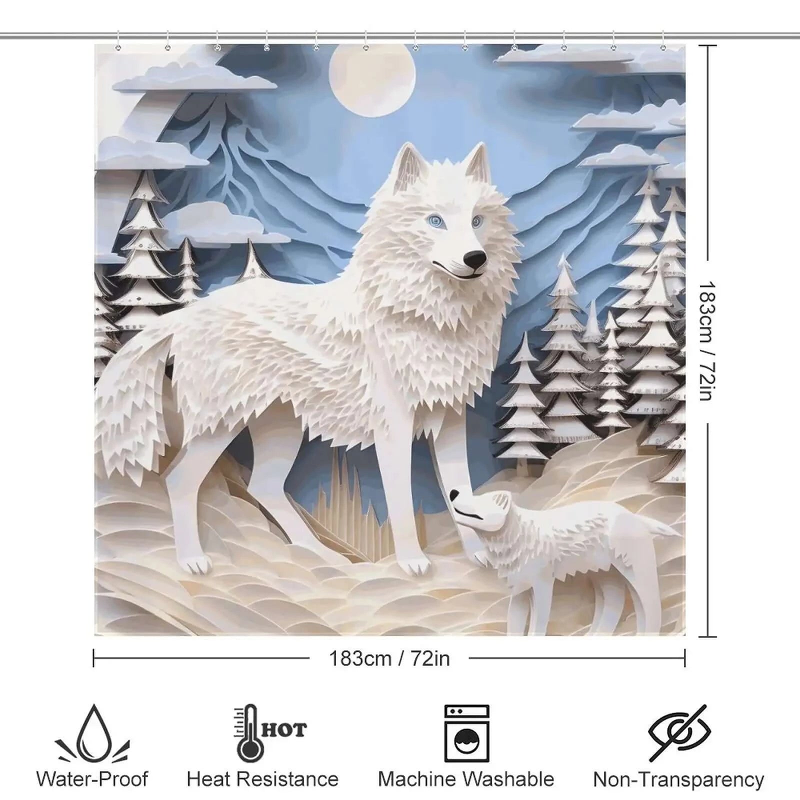 A waterproof Cotton Cat shower curtain featuring a white wolf in the woods.