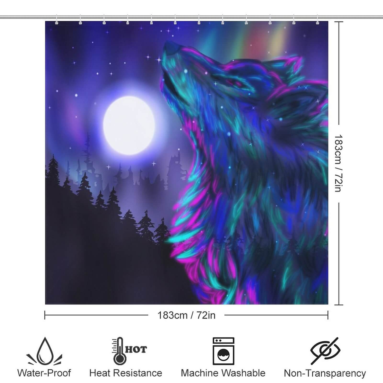 Elevate your bathroom decor with a waterproof Cotton Cat Galaxy Wolf Shower Curtain featuring a mesmerizing image of a wolf in the night sky.