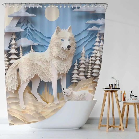 A waterproof polyester 3D Wolf Shower Curtain-Cottoncat featuring a majestic white wolf in the mountains by Cotton Cat.