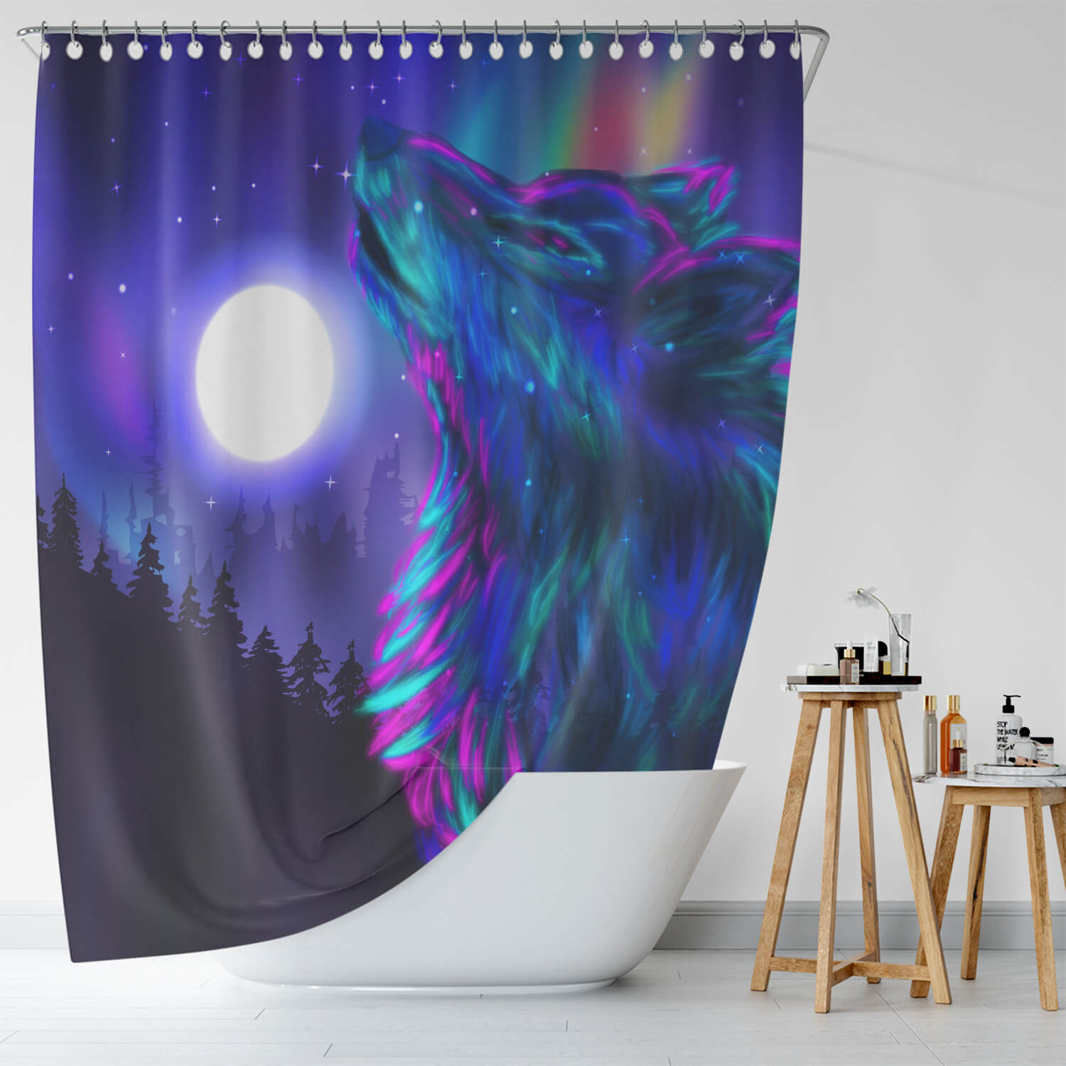 Galaxy Wolf Shower Curtain-Cottoncat by Cotton Cat for your bathroom decor.