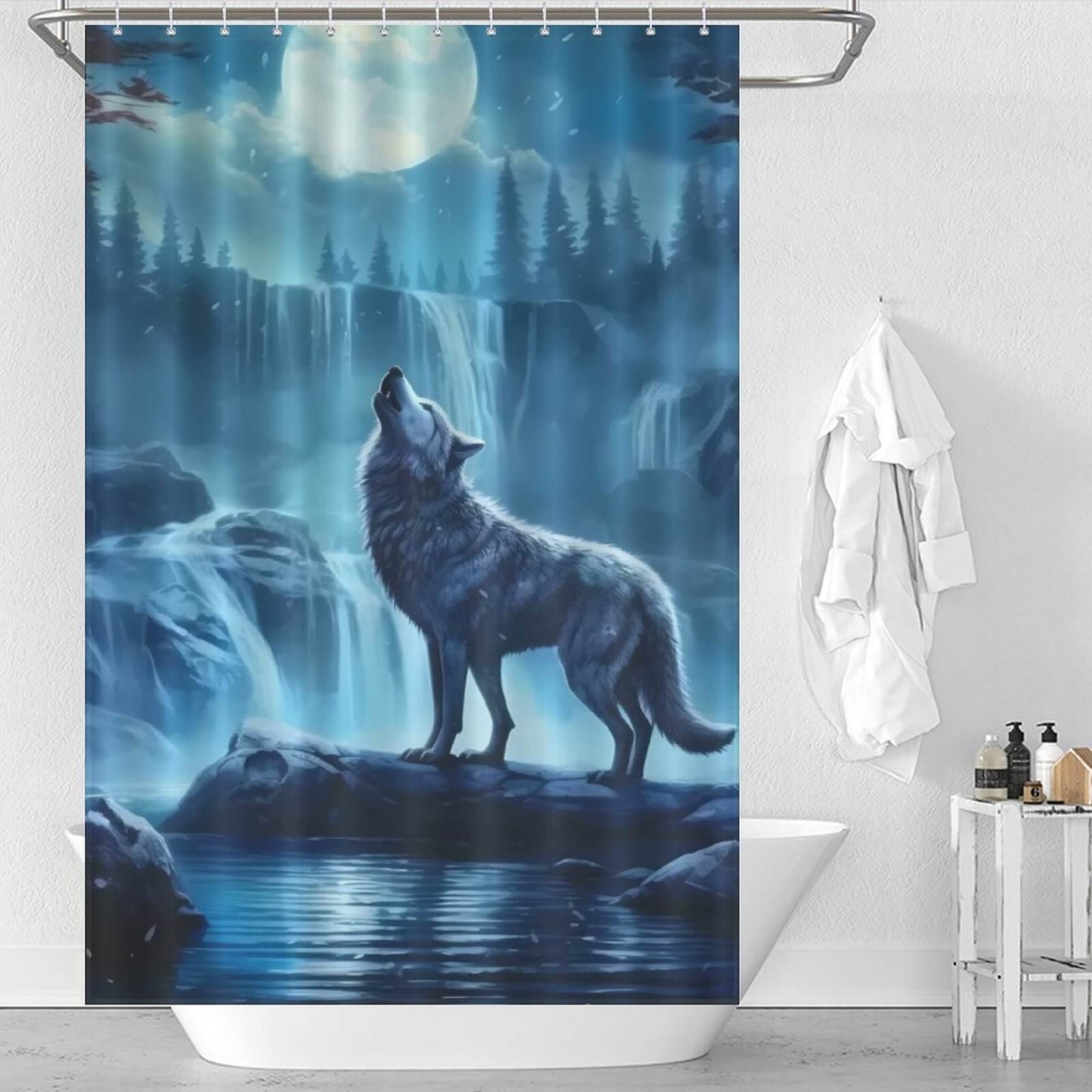 Elevate your bathroom decor with a captivating Cotton Cat Howling Wolf Shower Curtain featuring a howling scene under the moonlight.