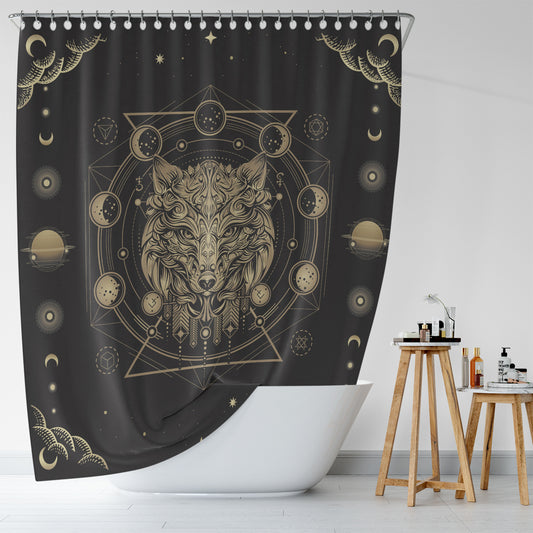 A Tarot Wolf Shower Curtain featuring a majestic wolf image in black and gold, made by Cotton Cat.