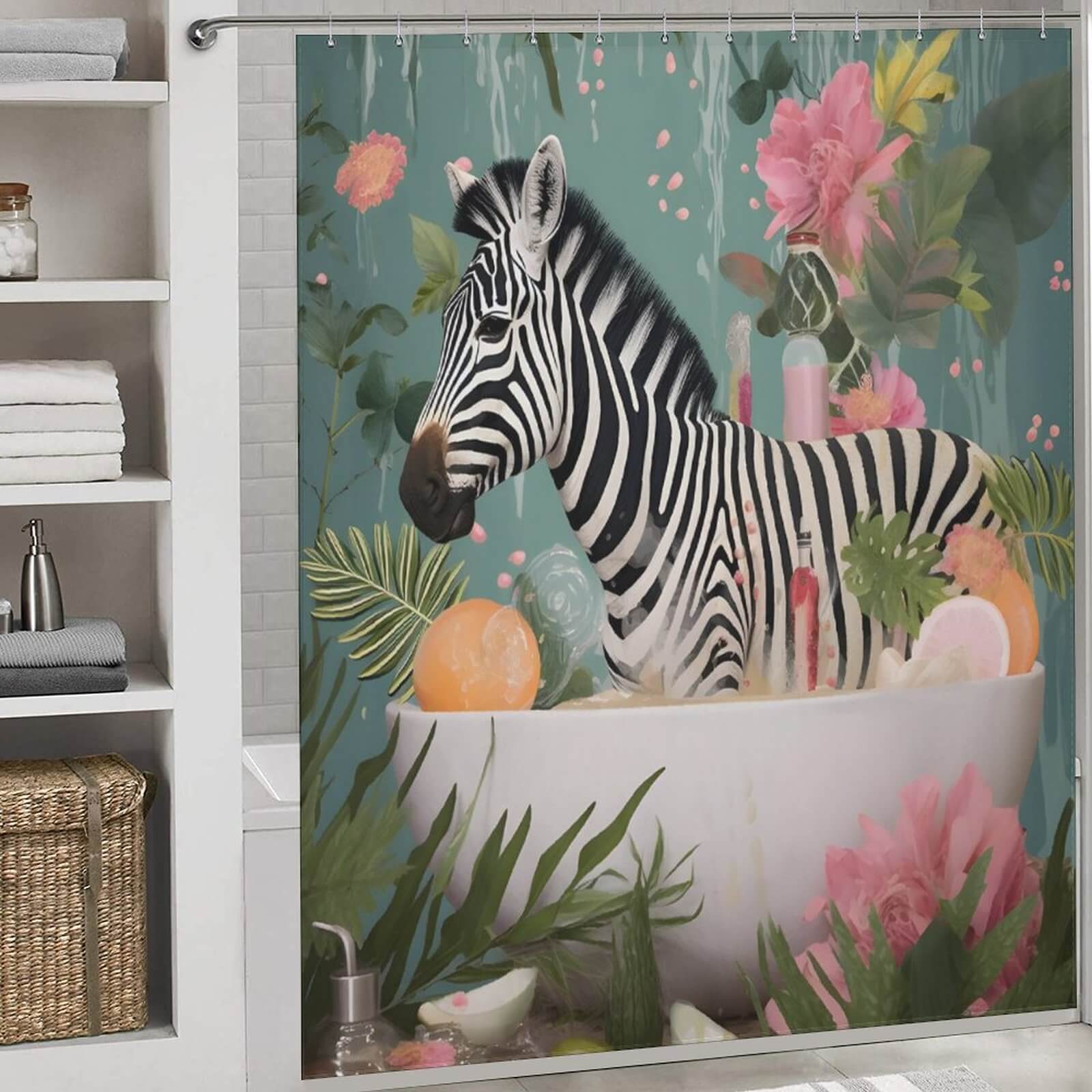 This waterproof Zebra In Bathtub Shower Curtain from Cotton Cat brings a touch of the safari to your bathroom, featuring a playful zebra relaxing in a bath tub.