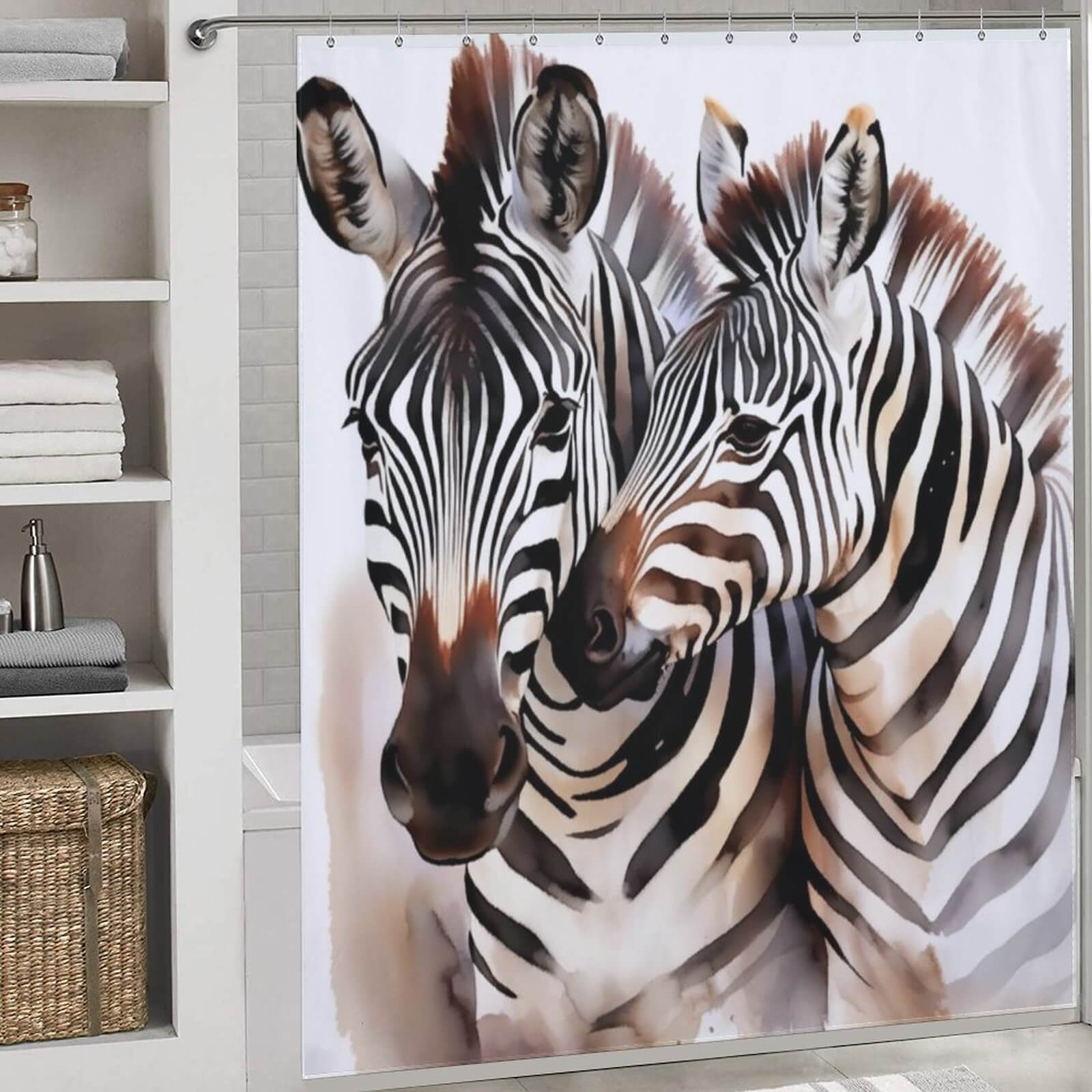 A Watercolor Zebra Shower Curtain-Cottoncat, made of 100% polyester and perfect for a waterproof bathroom decor, by Cotton Cat.