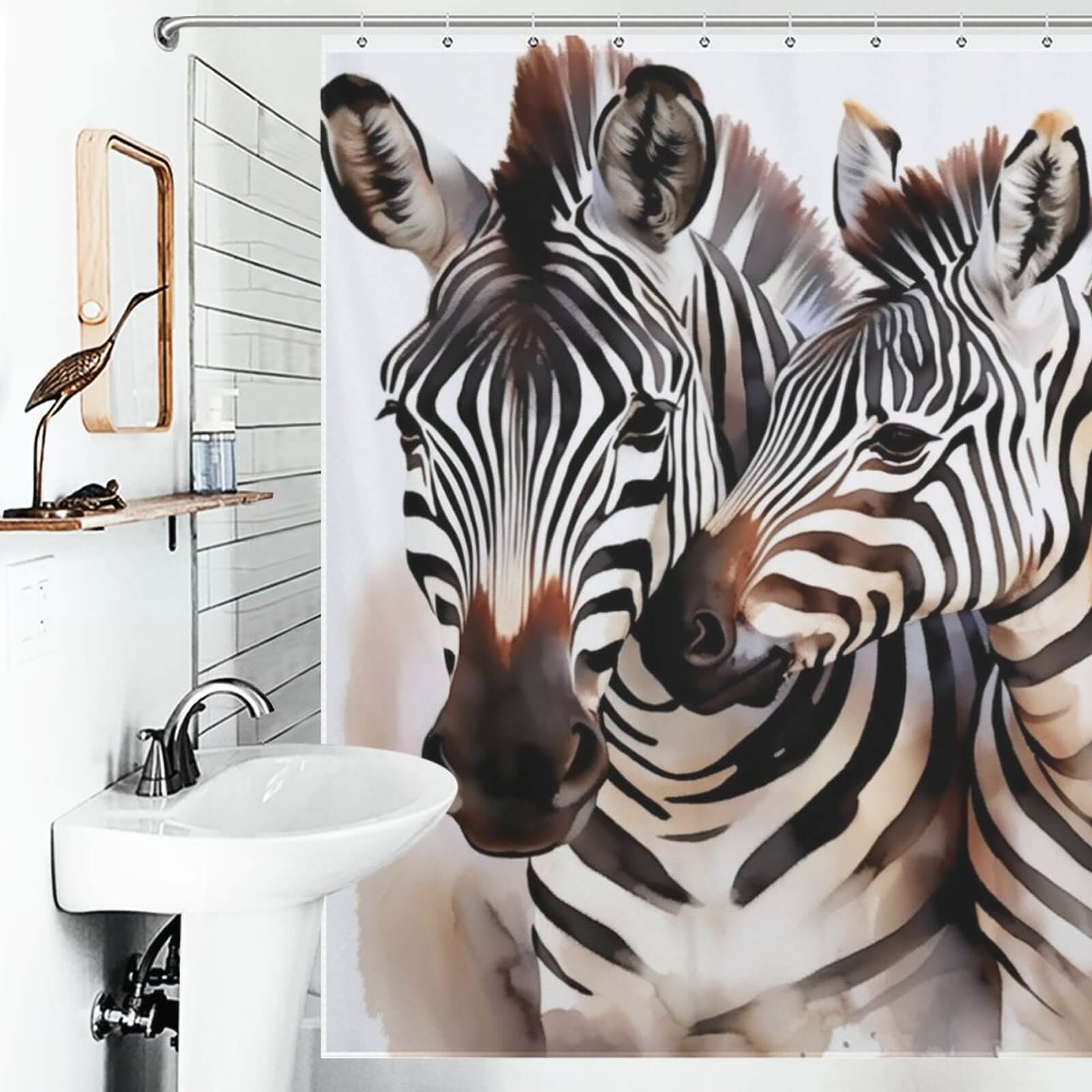 This Watercolor Zebra Shower Curtain by Cotton Cat features a hand-drawn watercolor design of two zebras. Made from 100% polyester material, it is both stylish and durable.