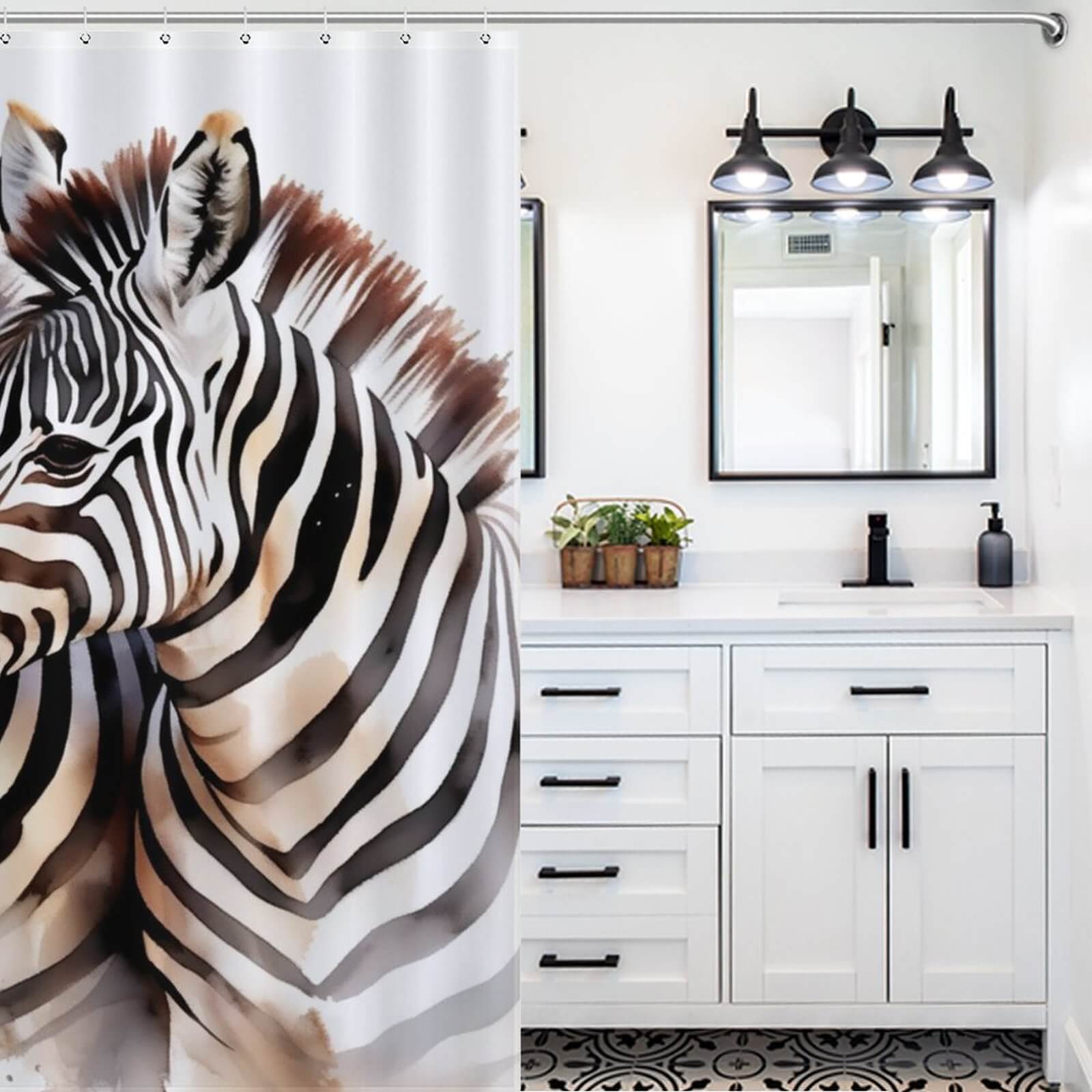 A waterproof bathroom with a Watercolor Zebra Shower Curtain-Cottoncat made of 100% Polyester.