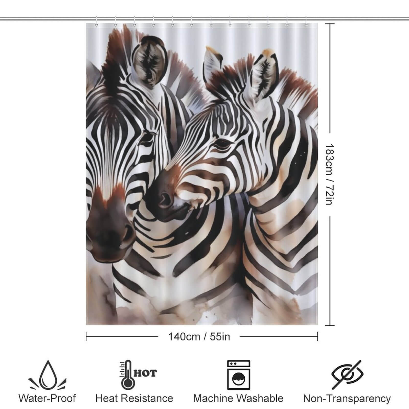 This Watercolor Zebra Shower Curtain-Cottoncat from Cotton Cat is 100% polyester and waterproof.