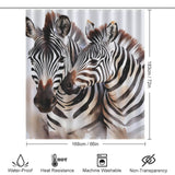 This Watercolor Zebra Shower Curtain by Cotton Cat features two zebras printed on it. Made of 100% polyester, it showcases a unique hand-drawn watercolor design.