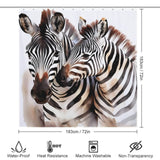 A Watercolor Zebra Shower Curtain-Cottoncat featuring two hand-drawn watercolor zebras, made with 100% polyester.
