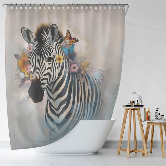 A Floral Zebra Shower Curtain adorned with watercolor zebras, delicate flowers, and graceful butterflies from Cotton Cat.