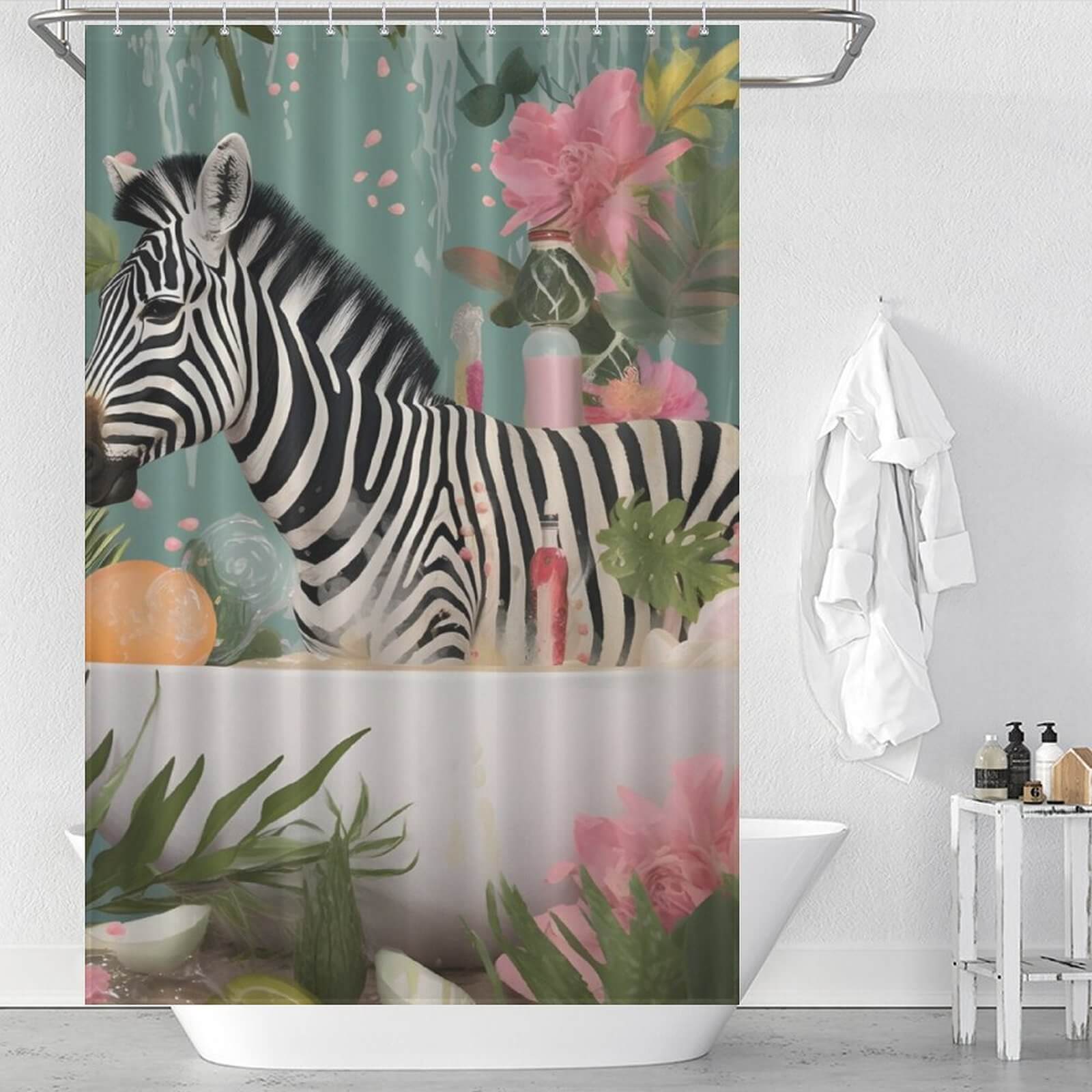 Enhance your bathroom with a Waterproof Zebra In Bathtub Shower Curtain by Cotton Cat, featuring elegant flowers, designed to bring a touch of safari-inspired style to your decor.