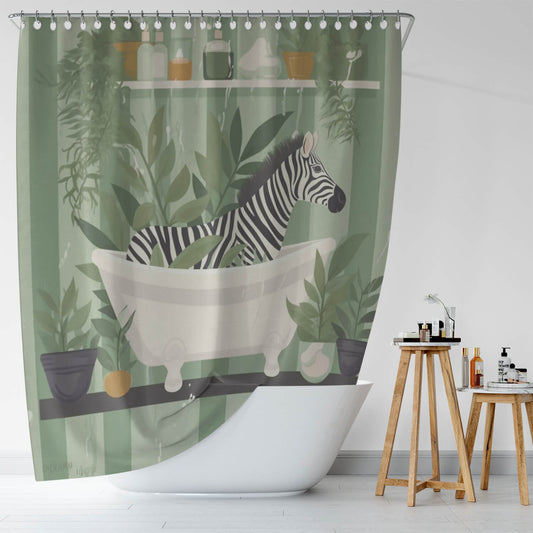 A Funny Zebra Shower Curtain-Cottoncat with a zebra in a bathtub.