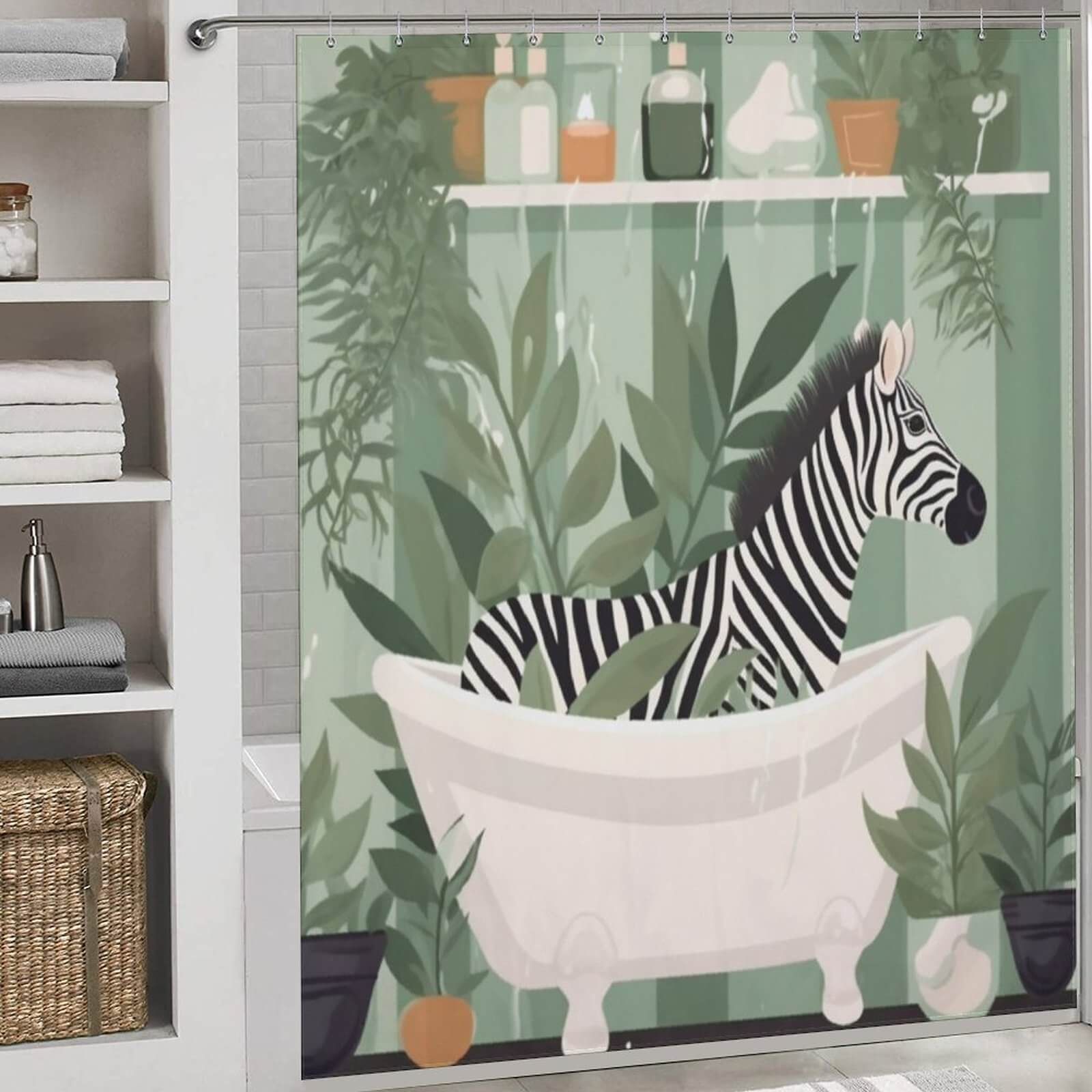 A Funny Zebra Shower Curtain-Cottoncat featuring a zebra in a tub.