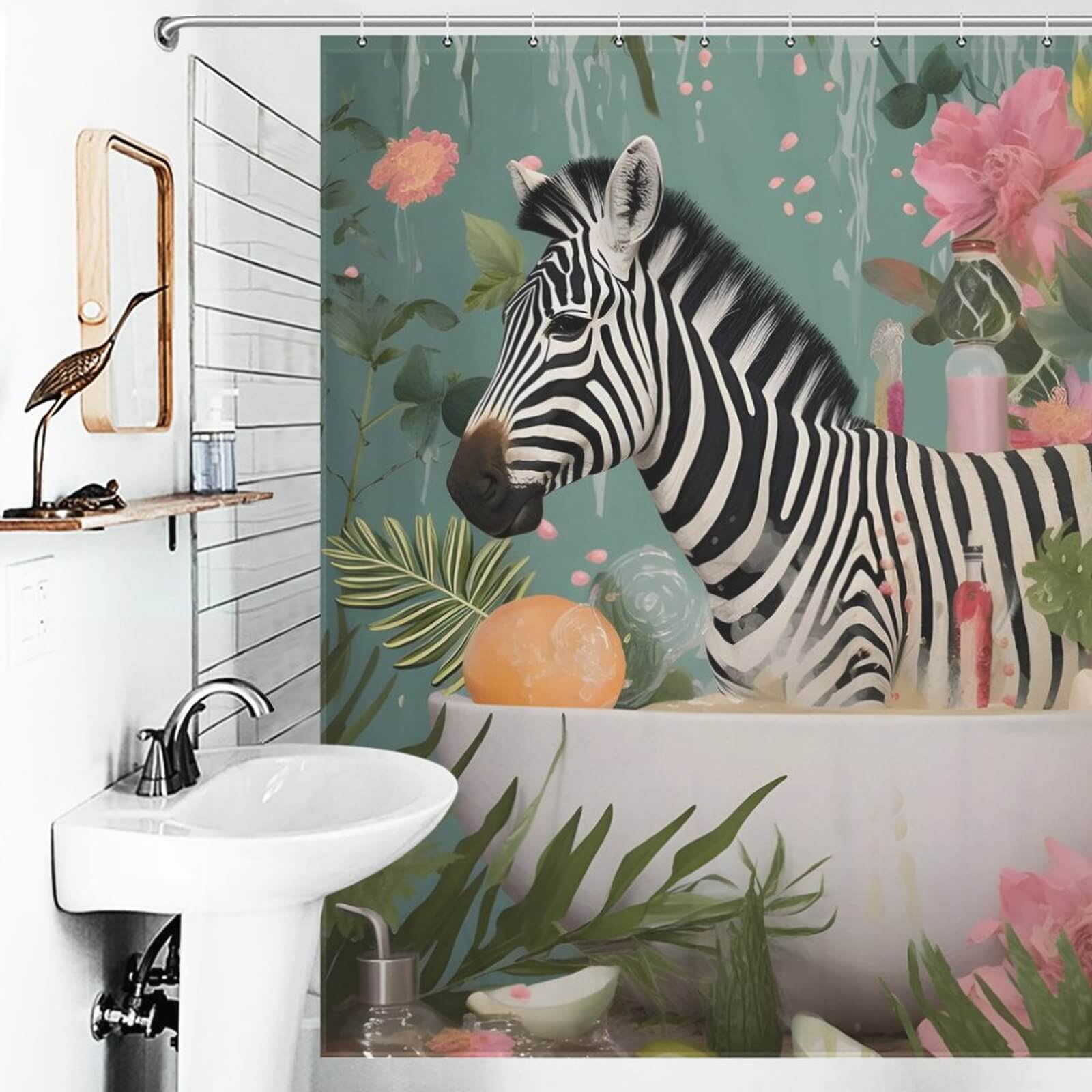 A Cotton Cat Zebra In Bathtub Shower Curtain adds a touch of safari-inspired charm to your bathroom, featuring bold black and white zebra stripes contrasted with vibrant flowers.