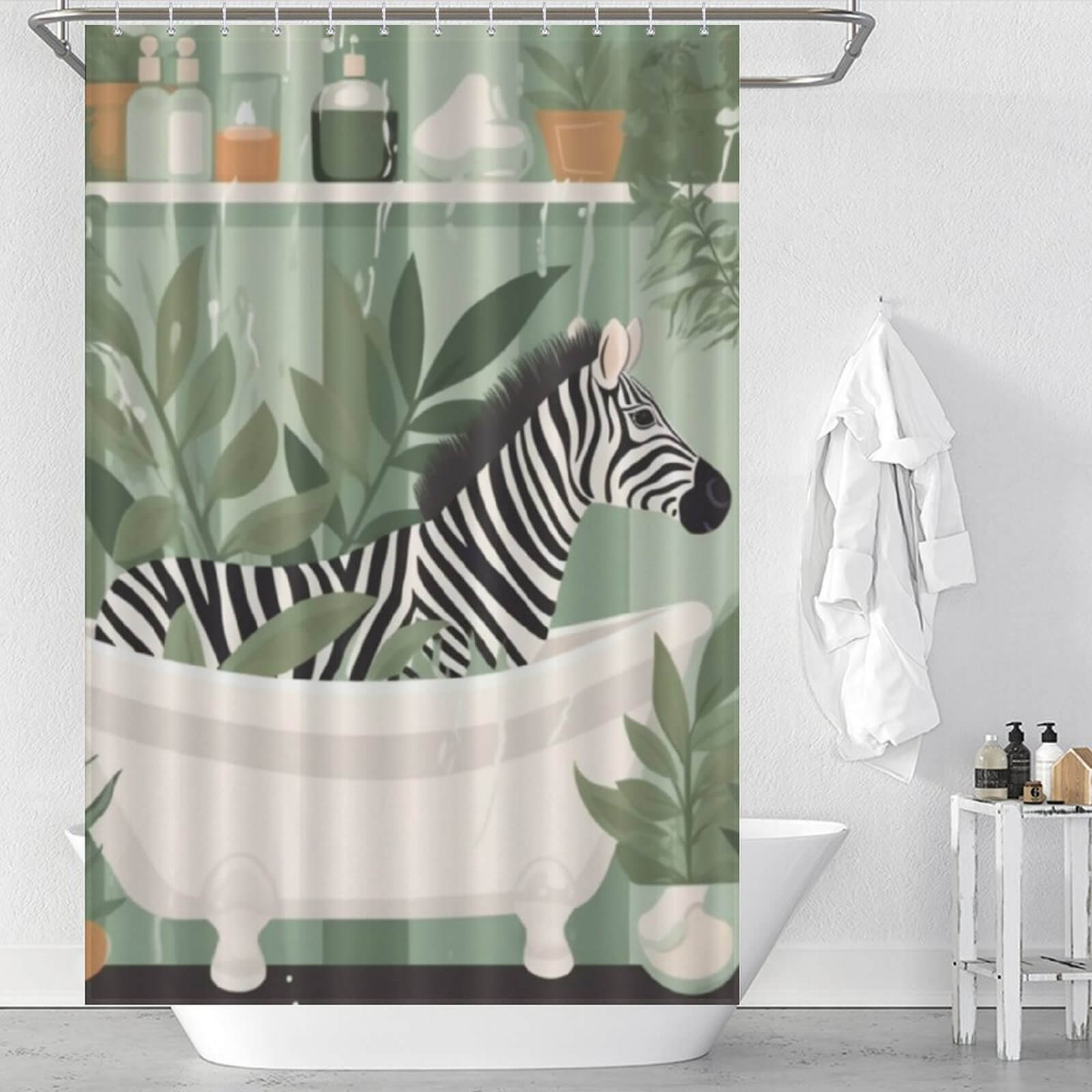 This Funny Zebra Shower Curtain by Cotton Cat features a zebra in a tub, adding a whimsical touch to your bathroom decor.