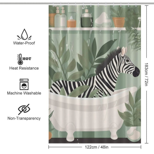 A Funny Zebra Shower Curtain-Cottoncat from Cotton Cat featuring a zebra enjoying a bath in the bathroom.