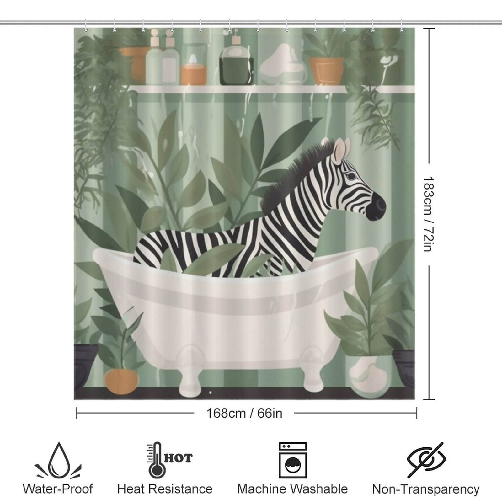 A Funny Zebra Shower Curtain-Cottoncat featuring a zebra soaking in a bathtub by Cotton Cat.
