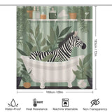 A Funny Zebra Shower Curtain-Cottoncat featuring a zebra soaking in a bathtub by Cotton Cat.