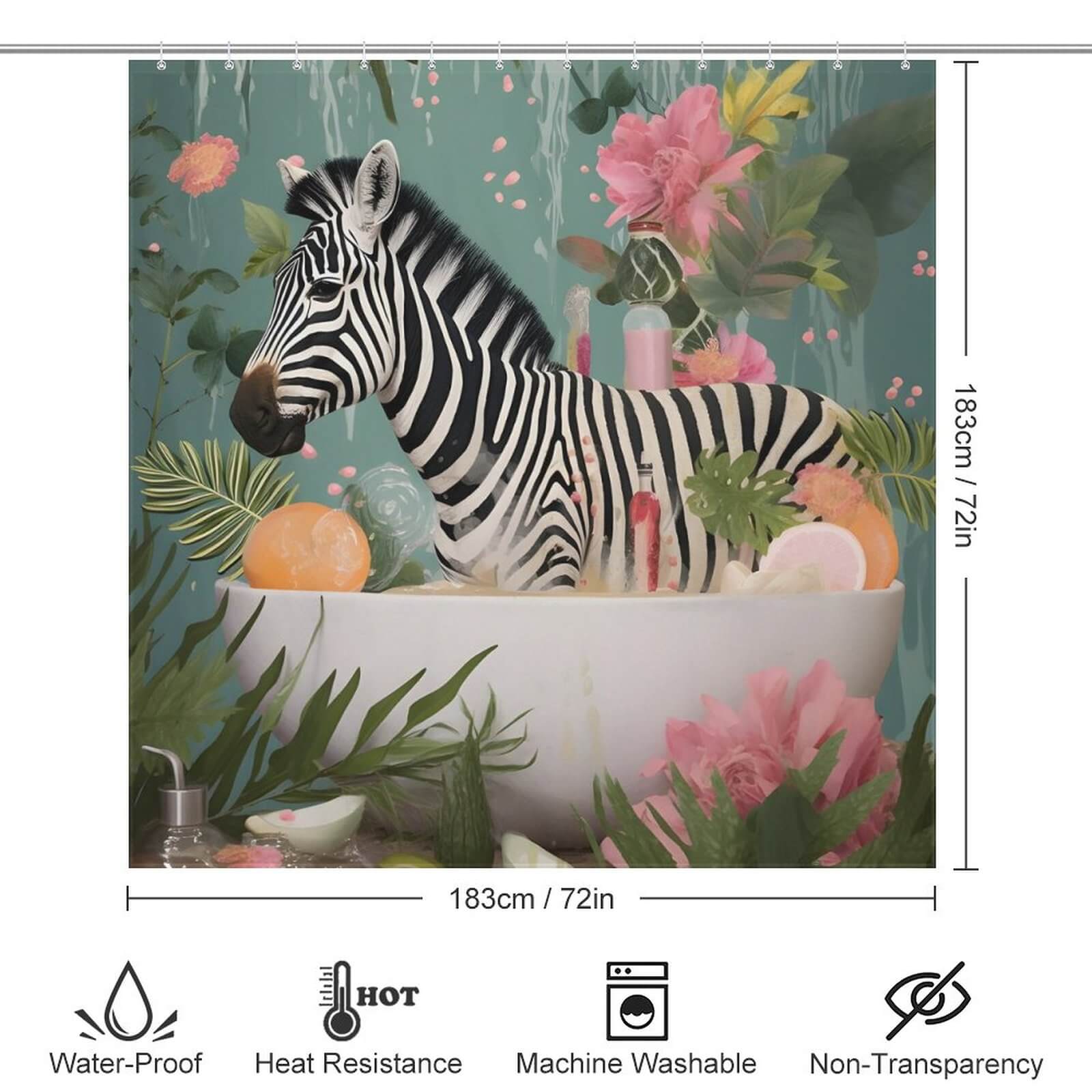 A waterproof Zebra In Bathtub Shower Curtain-Cottoncat featuring a safari-inspired design with flowers and plants.