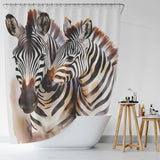 A waterproof Cotton Cat shower curtain featuring two hand-drawn Watercolor Zebra designs in 100% polyester.