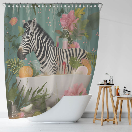A waterproof Zebra In Bathtub shower curtain, perfect for adding a touch of safari-inspired style to your bathroom from Cotton Cat.