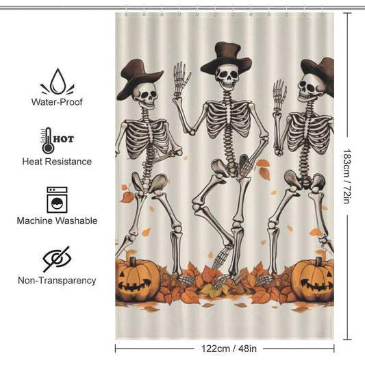 This Skull Pumpkin Halloween Shower Curtain from Cotton Cat features a skeleton design, perfect for adding a touch of fright to your bathroom décor. Made from 100% polyester, this waterproof curtain is sure to keep your bathroom spooky for Halloween.