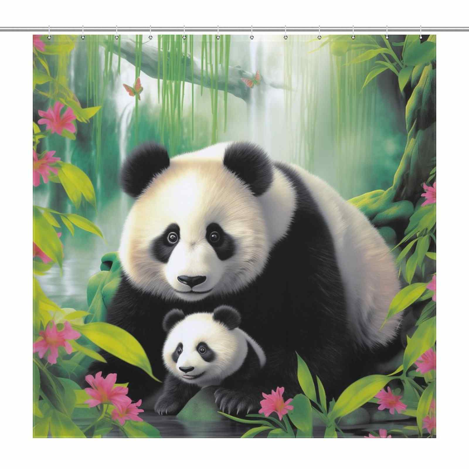 A pair of adorable 3D Cute Panda Shower Curtain-Cottoncat enjoying the serenity of the forest.