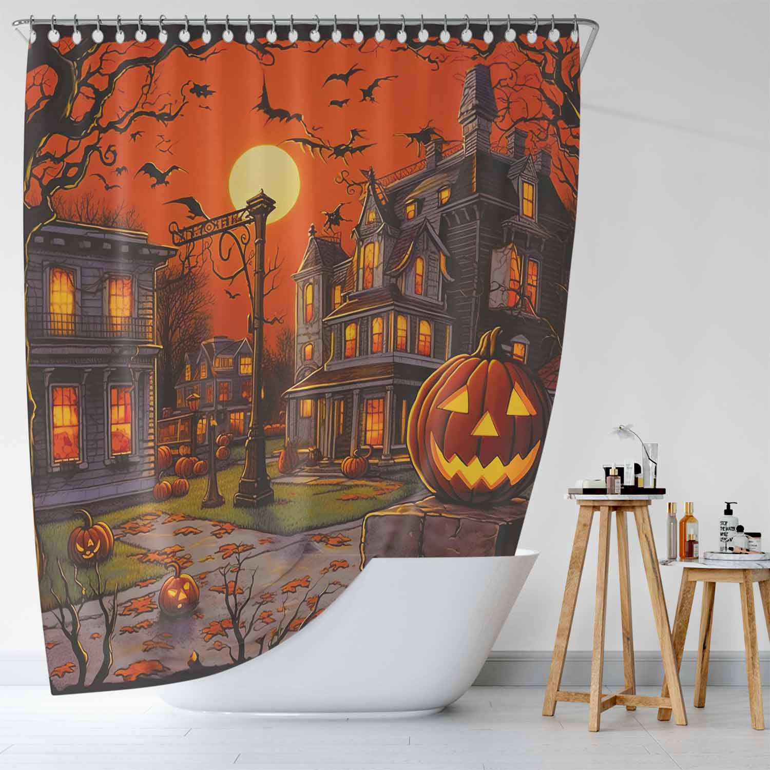 Transform your bathroom into a spooky oasis with the Pumpkin Halloween Shower Curtain from Cotton Cat featuring a pumpkin design. This 90s-style curtain not only adds a touch of nostalgic charm, but it is also waterproof.