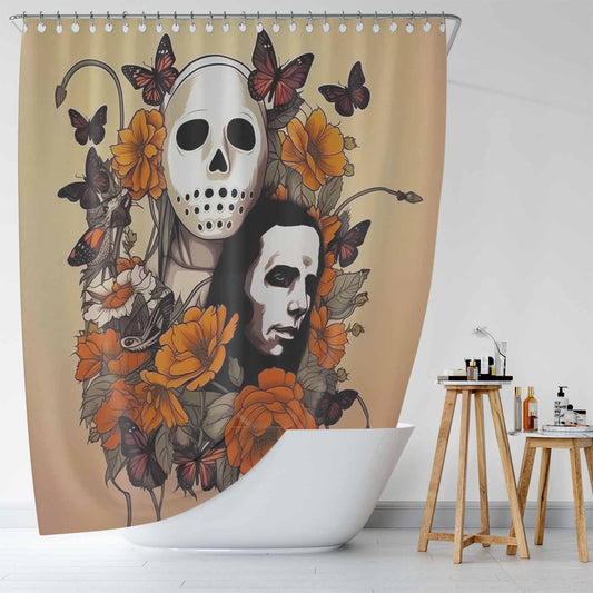 Add a spooky touch to your bathroom decor with the Horror Movie Halloween Shower Curtain-Cottoncat from Cotton Cat, featuring a haunting skull surrounded by beautiful, yet sinister, flowers. Perfect for horror movie enthusiasts and anyone looking to add some