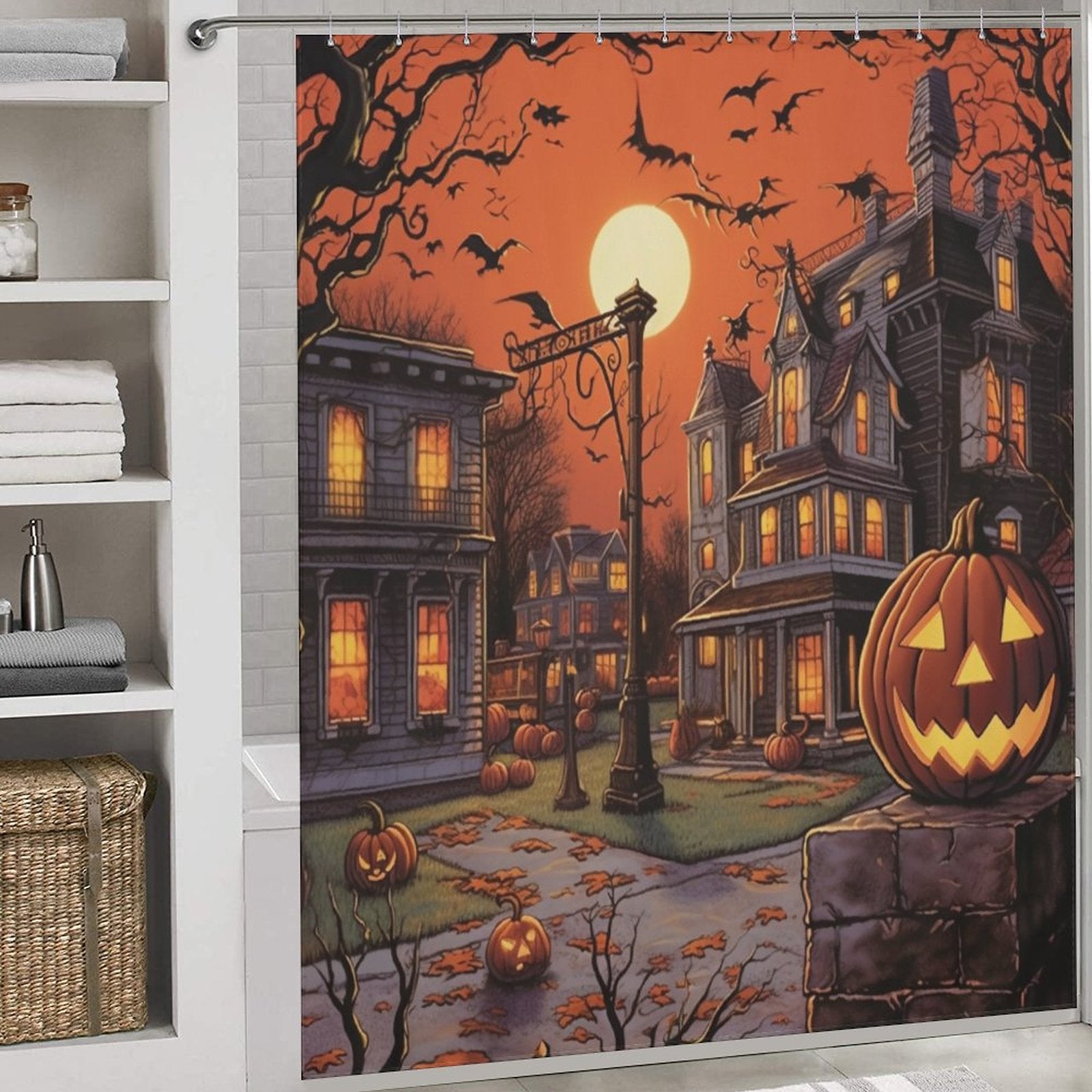 This Pumpkin Halloween Shower Curtain-Cottoncat from Cotton Cat features a 90s-style design with pumpkins and jack o lanterns.