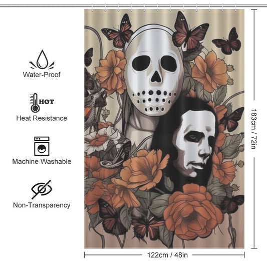 Elevate your bathroom decor with this macabre Horror Movie Halloween Shower Curtain featuring a stunning combination of a skull and delicate flowers. Perfect for horror movie enthusiasts or adding a spooky touch to your Halloween-themed bathroom. Created by Cotton Cat, this shower curtain is sure to impress.