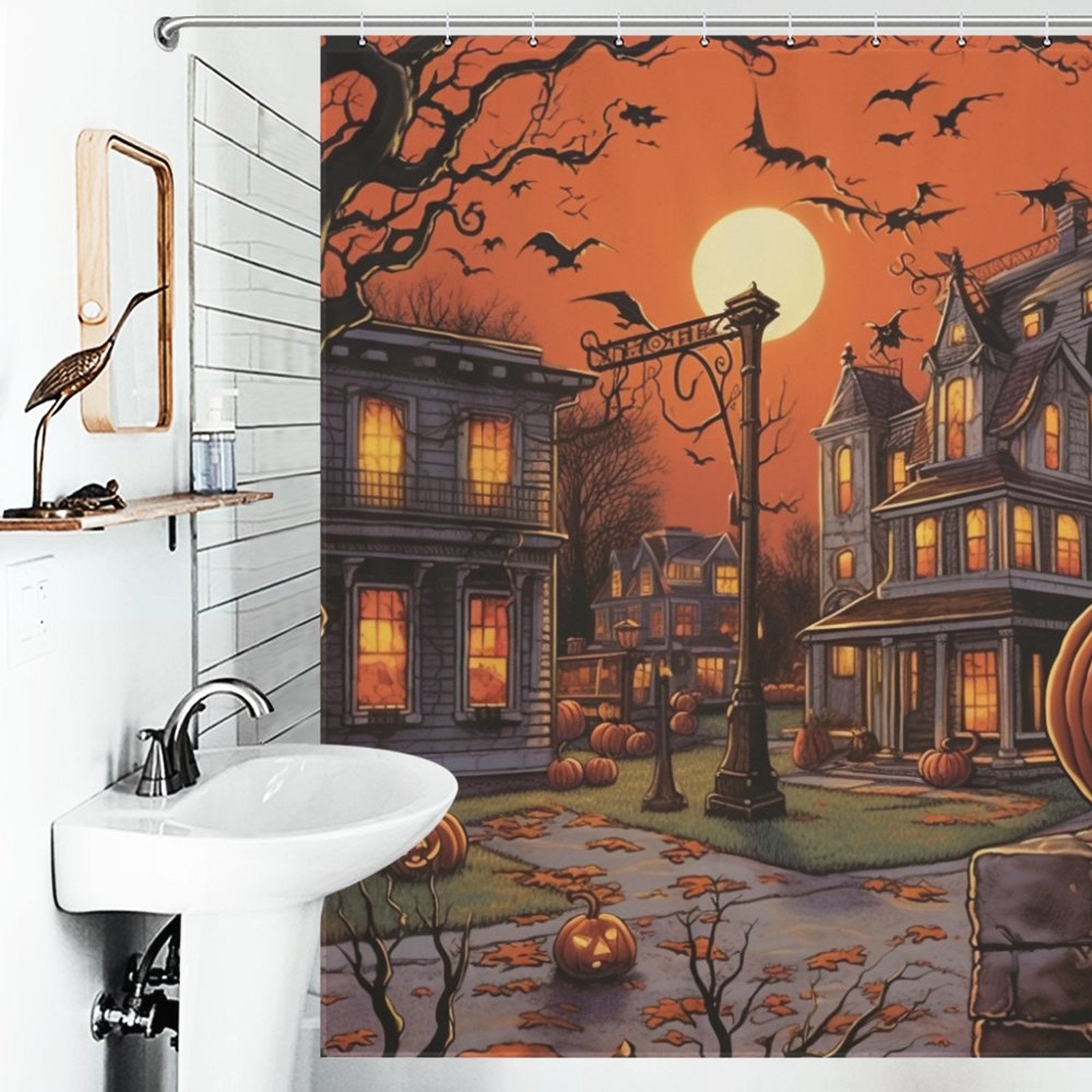 A bathroom with a 90s-style design and a Pumpkin Halloween Shower Curtain-Cottoncat shower curtain from Cotton Cat.