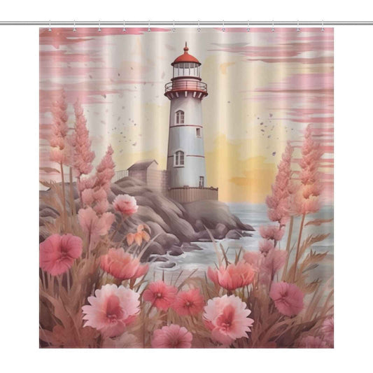 Boho coastal lighthouse shower curtain