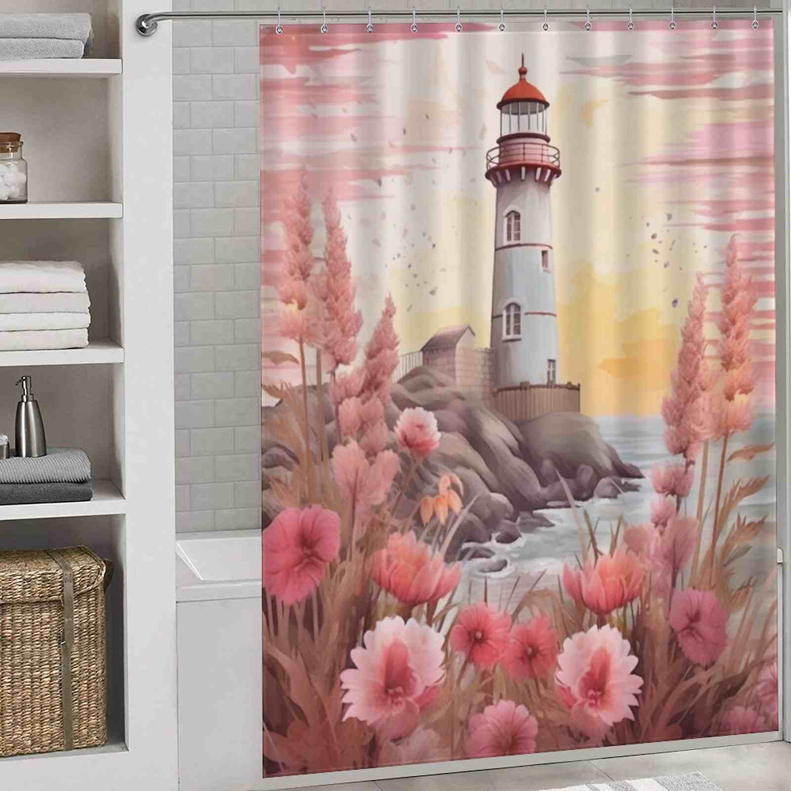 Boho coastal lighthouse shower curtain hangs ina white bathroom