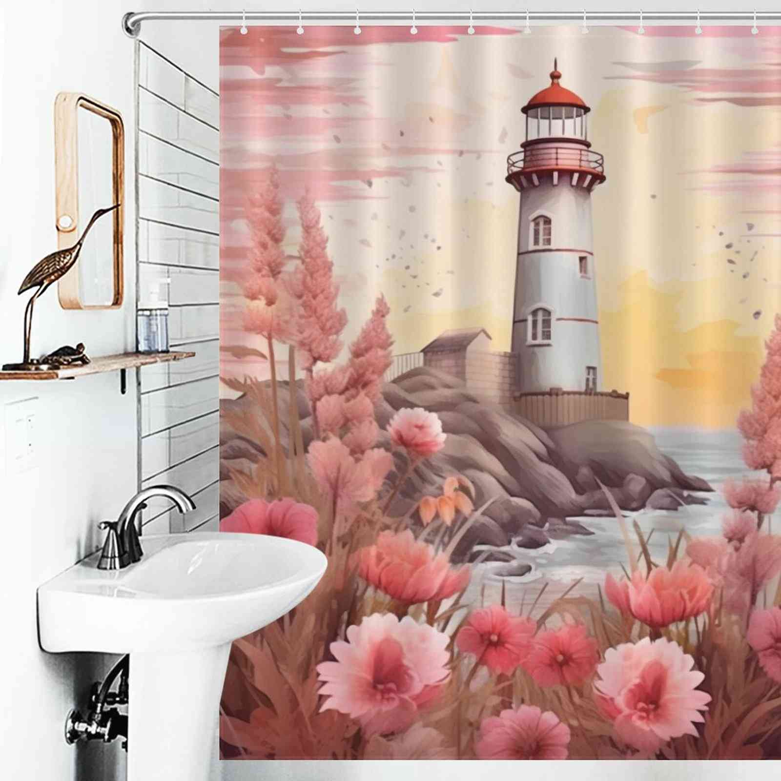 Boho coastal lighthouse shower curtain hangs in a white bathroom