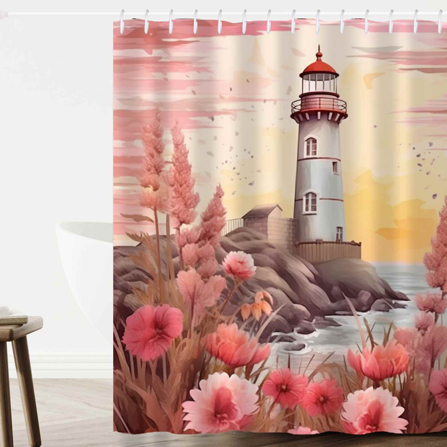 Boho coastal lighthouse shower curtain hangs in a white bathroom
