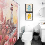 Boho coastal lighthouse shower curtain hangs in a white bathroom
