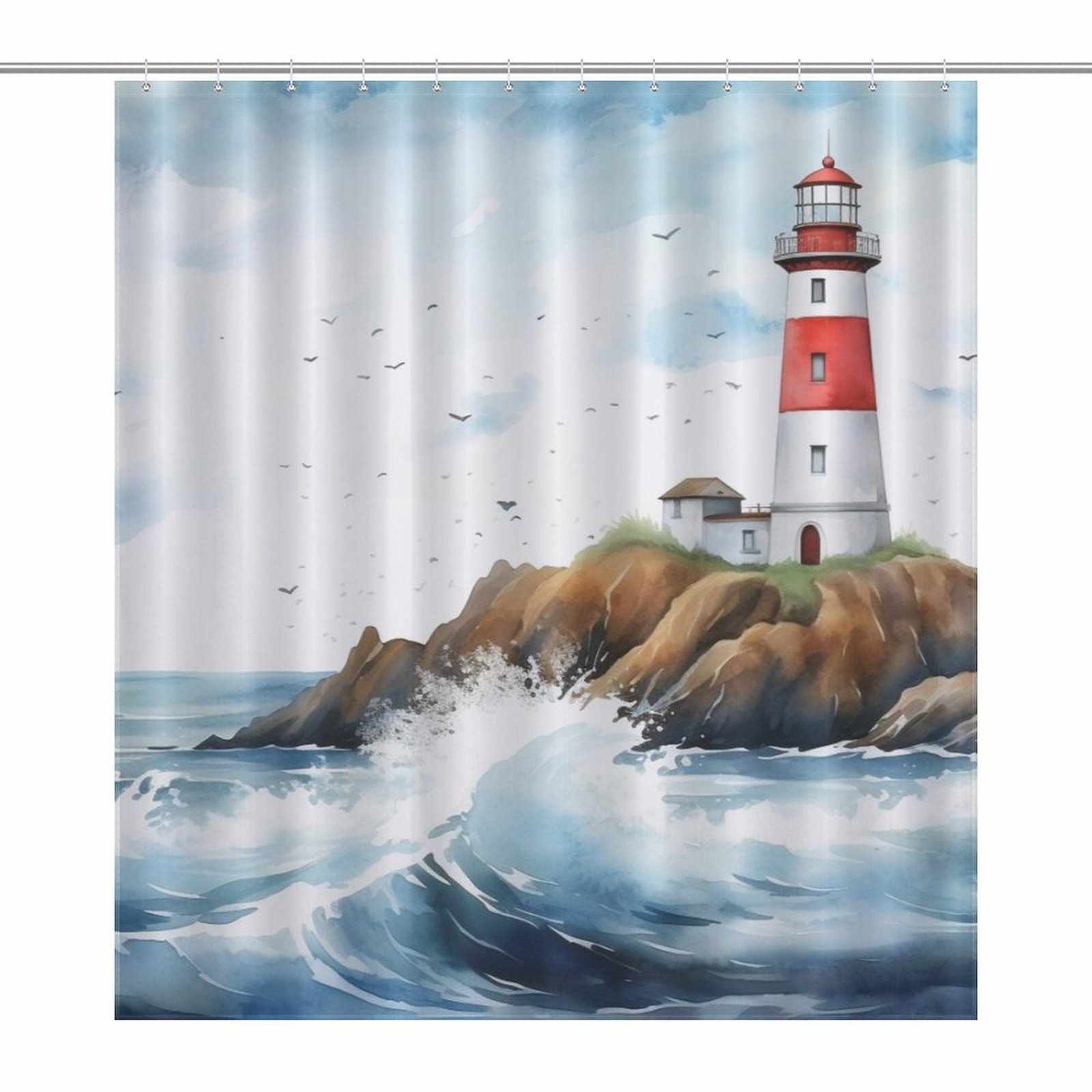 Coastal red top lighthouse shower curtain