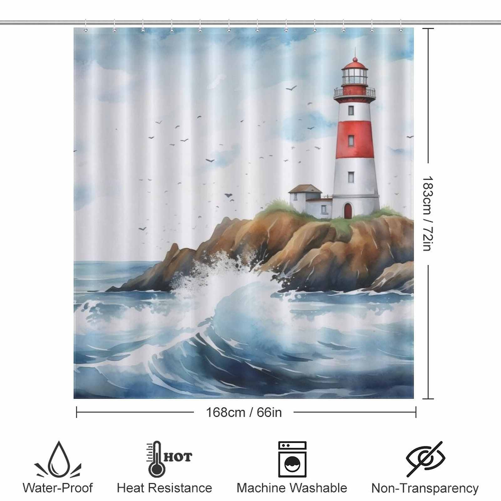 Coastal red top lighthouse shower curtain 66*72in