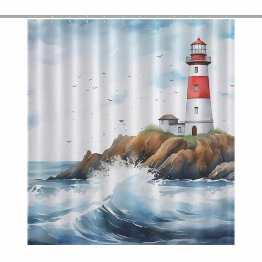 Coastal red top lighthouse shower curtain