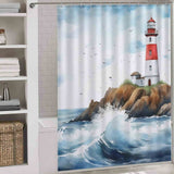 Coastal red top lighthouse shower curtain hangs in a white bathroom