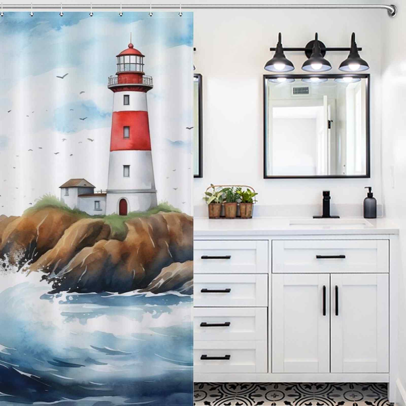 Coastal red top lighthouse shower curtain hangs in a white bathroom