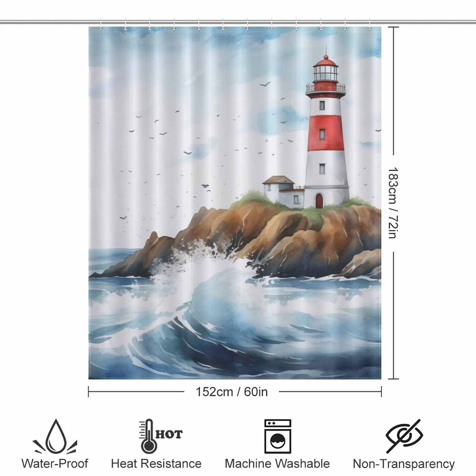 Coastal red top lighthouse shower curtain 60*72in