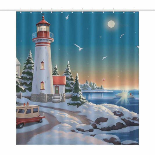 Coastal sunset lighthouse shower curtain