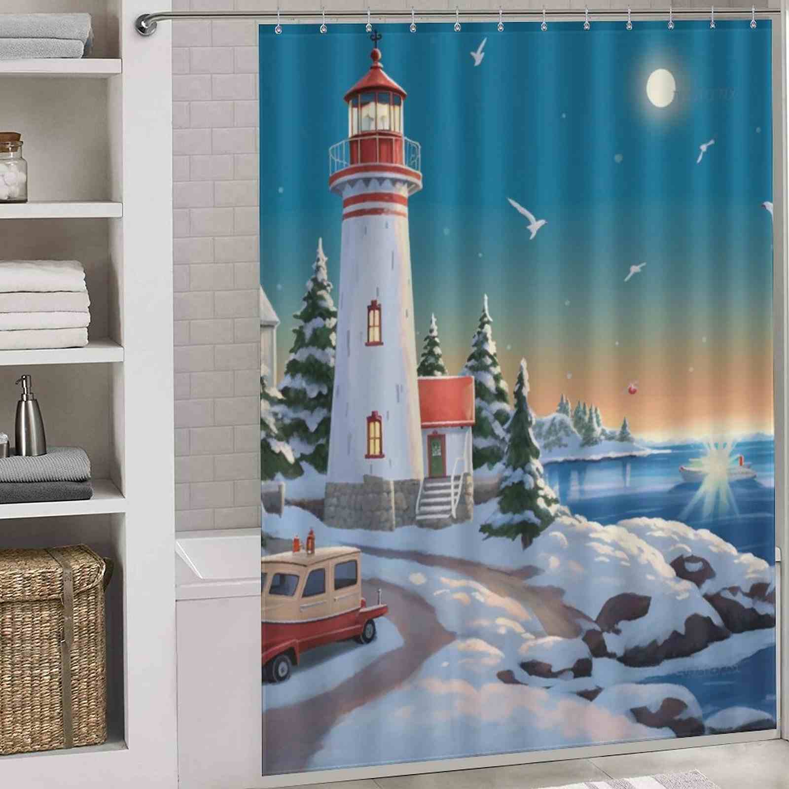 Coastal sunset lighthouse shower curtain hangs in a white bathroom