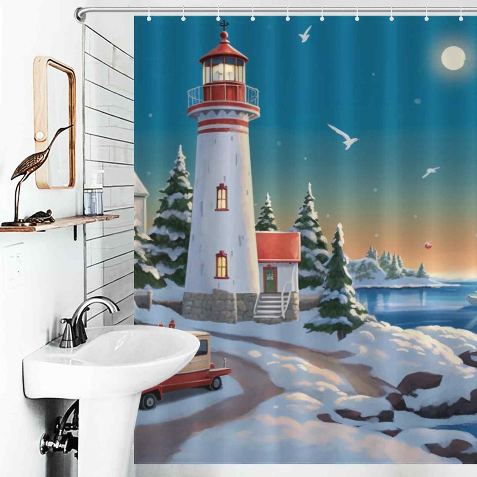 Coastal sunset lighthouse shower curtain hangs in a white bathroom