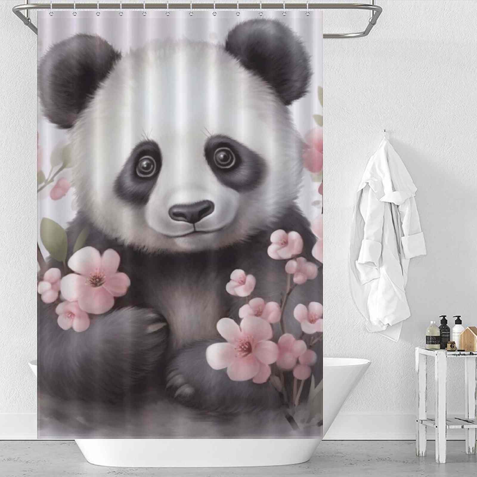 A Cotton Cat shower curtain featuring adorable baby pandas surrounded by pink flowers, perfect for adding a touch of cuteness to your bathroom decor.